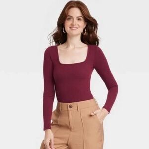 A New Day Burgundy Garnet Red Ribbed Long Sleeve Bodysuit Size Medium